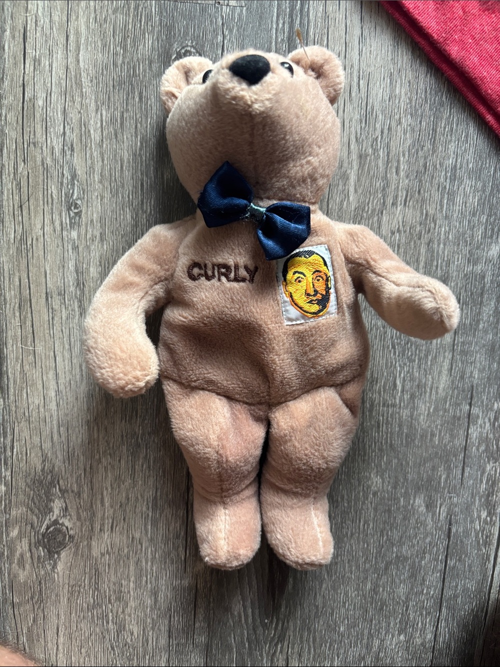 Curly Plush Bear Stuffed Animal in Light Brown with Navy Bow